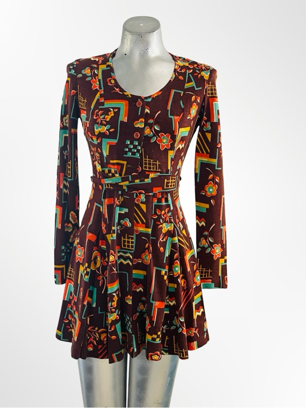 Vintage Brown Geometric Floral Long Sleeve Belted Mini Dress
